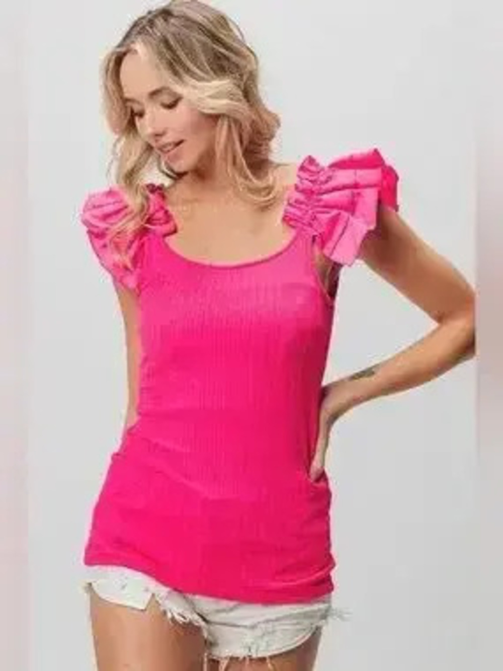 BiBi Ruffled Shoulder Strap Rib Texture Top - Picture 4 of 4